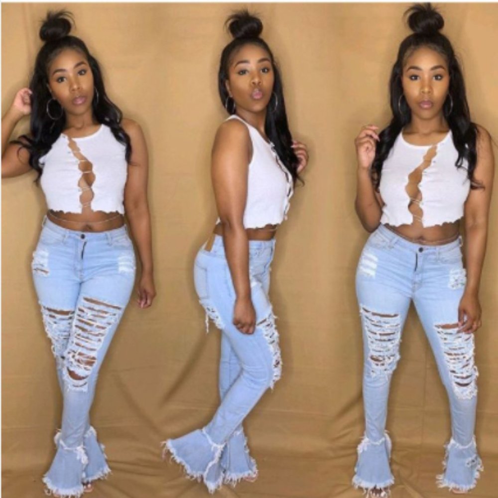 Trendy Mid Waist Bootcut Distressed Jeans